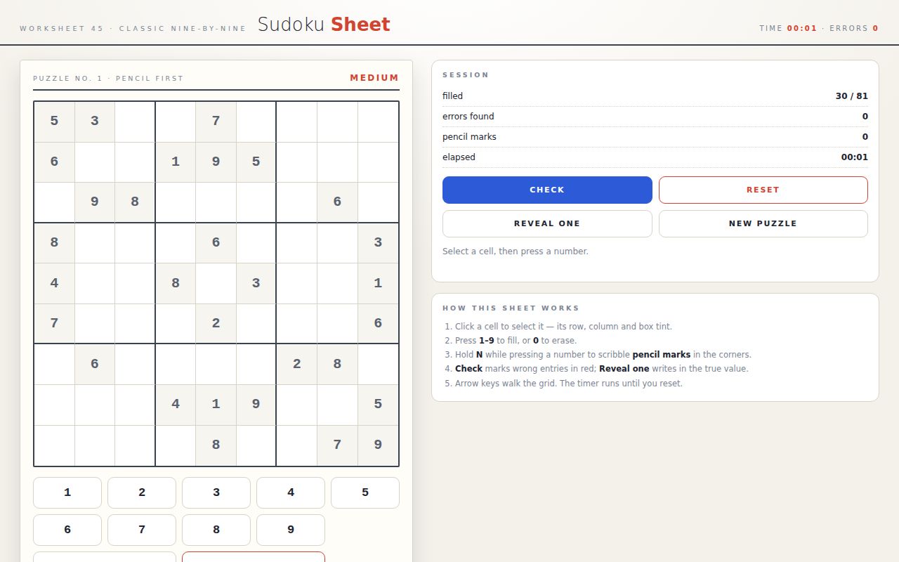 Screenshot of Sudoku Sheet — Nine-by-Nine Worksheet with Solver