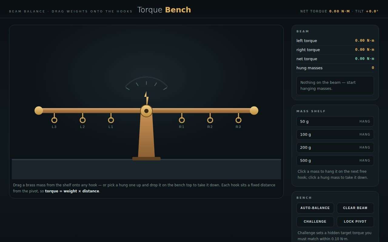 Screenshot of Torque Bench — A Beam Balance You Load By Hand