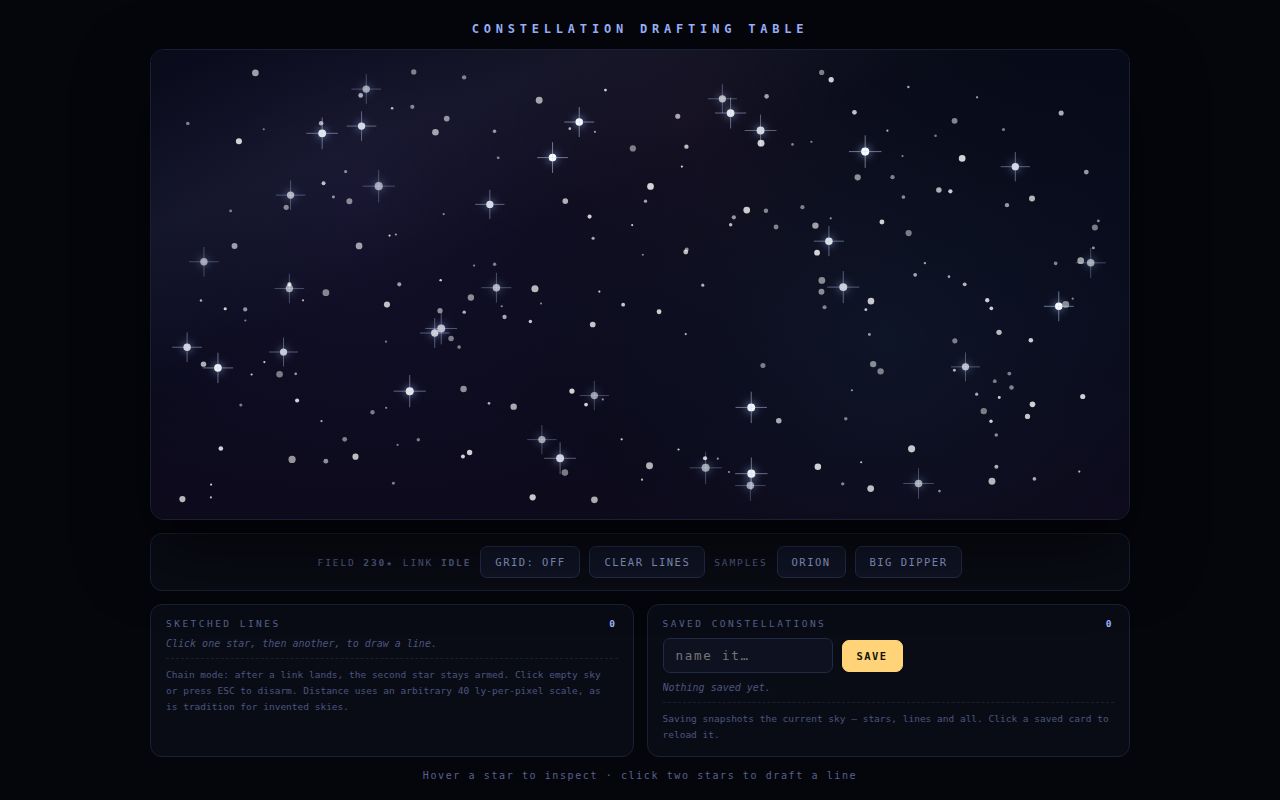 Screenshot of Constellation Drafting Table — Draft Lines on a Live Sky