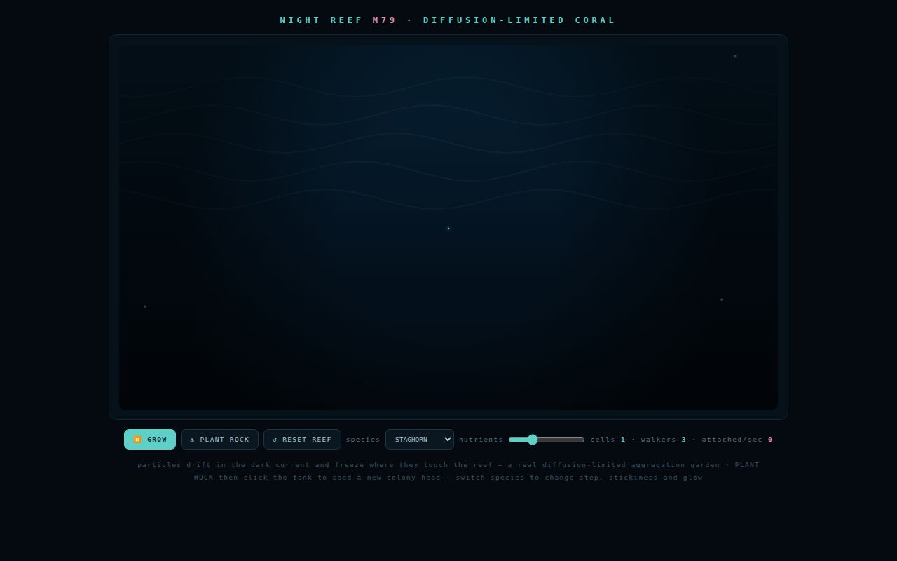 Screenshot of Night Reef — Diffusion-Limited Coral Garden