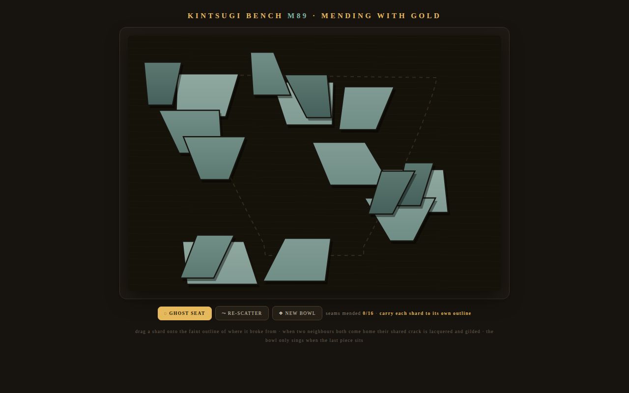 Screenshot of Kintsugi Bench — Mending With Gold