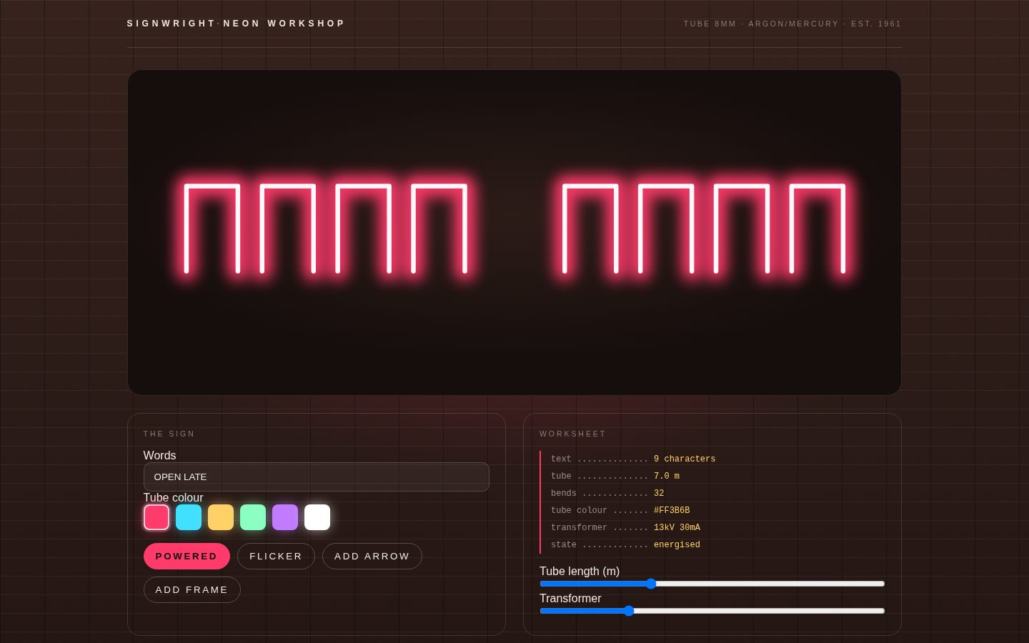 SIGNWRIGHT — a neon sign workshop screenshot