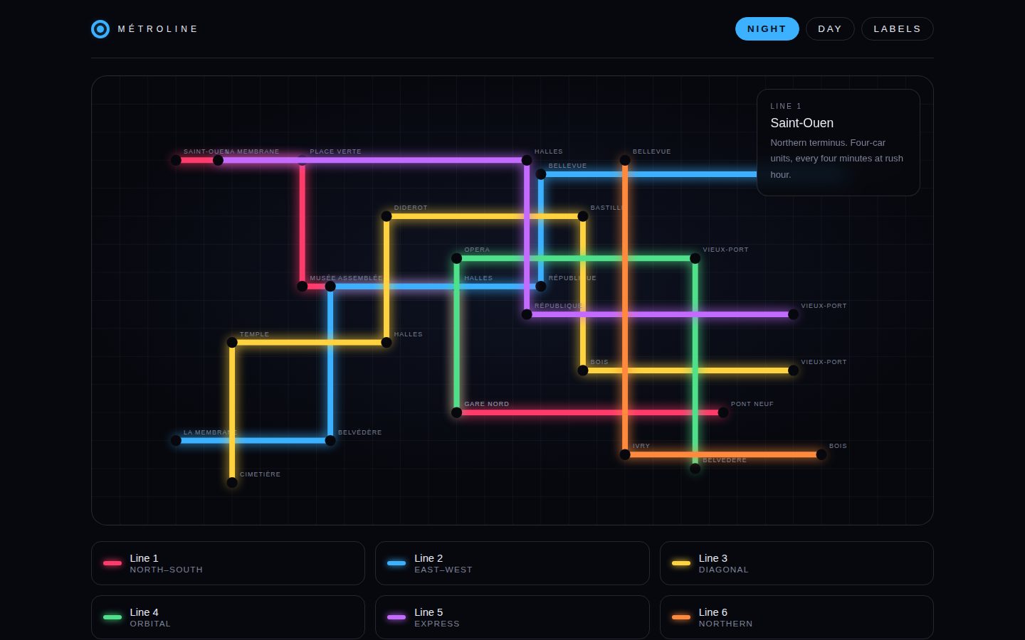 MÉTROLINE — a neon transit map screenshot