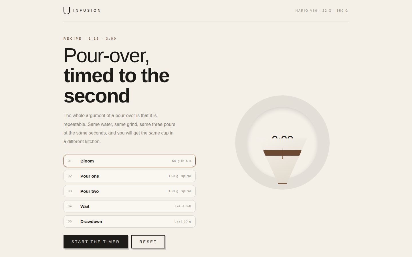 INFUSION — a pour-over, timed screenshot