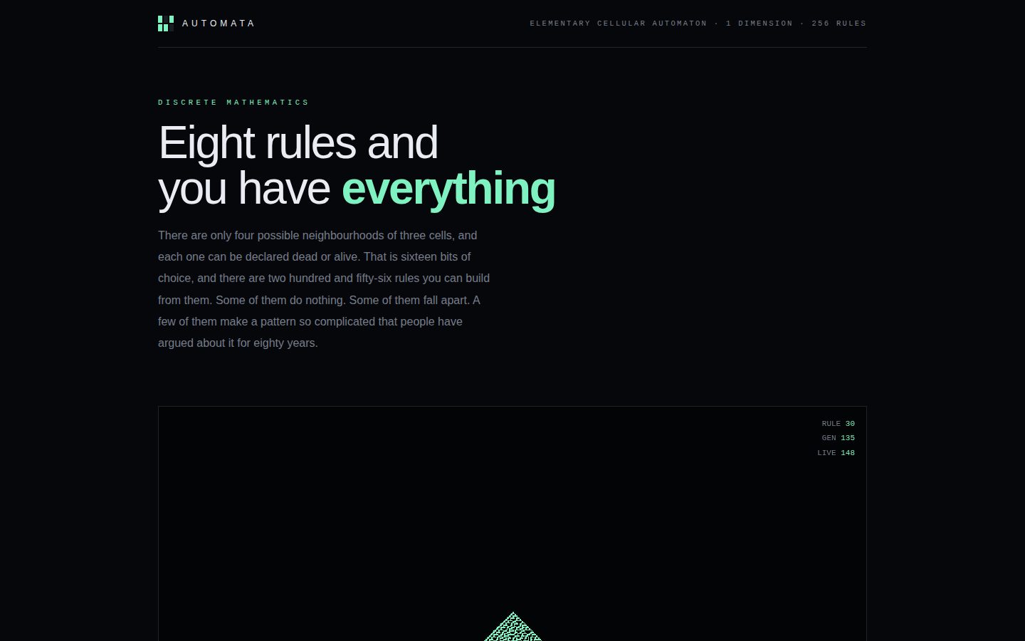 AUTOMATA — one hundred cells and a rule screenshot