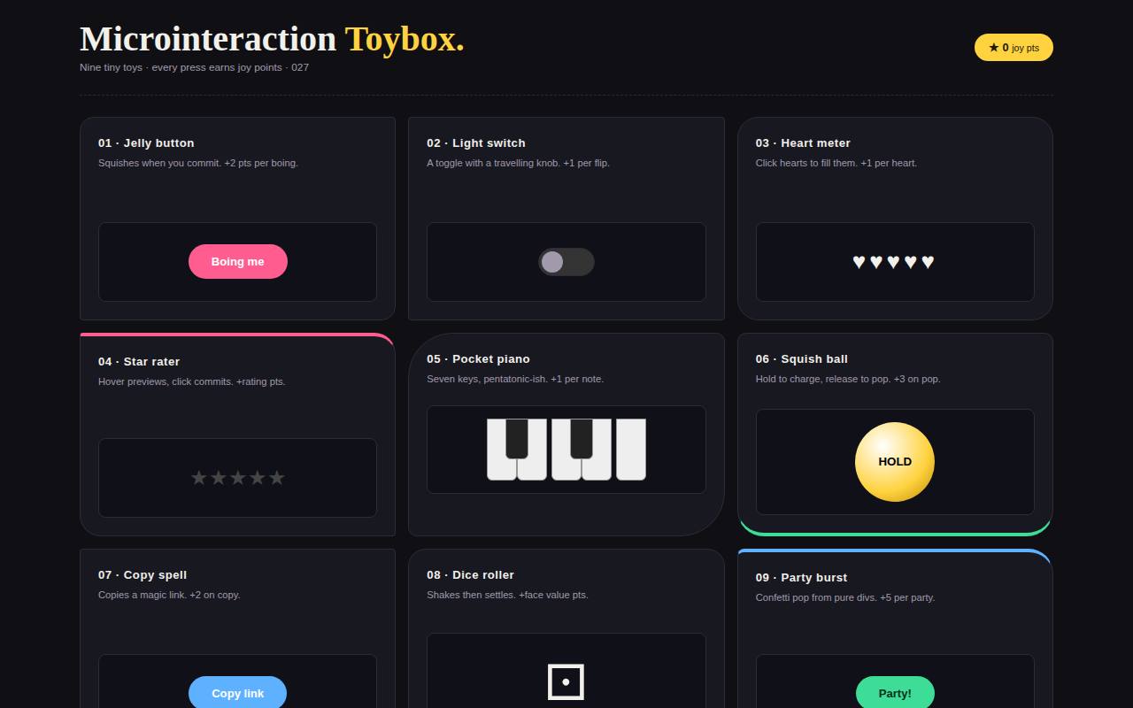 Toybox — Microinteraction Arcade — screenshot