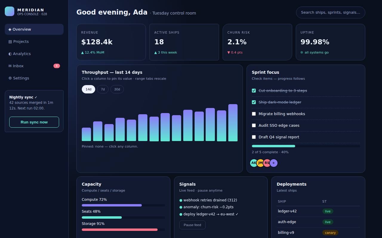 Glass Dashboard — Meridian Ops — screenshot