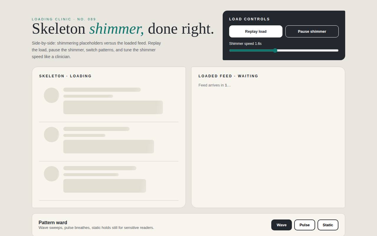 Skeleton Shimmer — Loading Clinic — screenshot