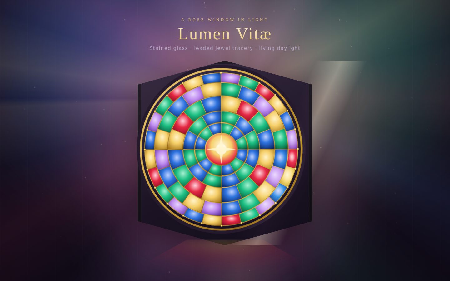 Lumen Vitæ — a luminous rose window that breathes daylight through leaded glass. screenshot