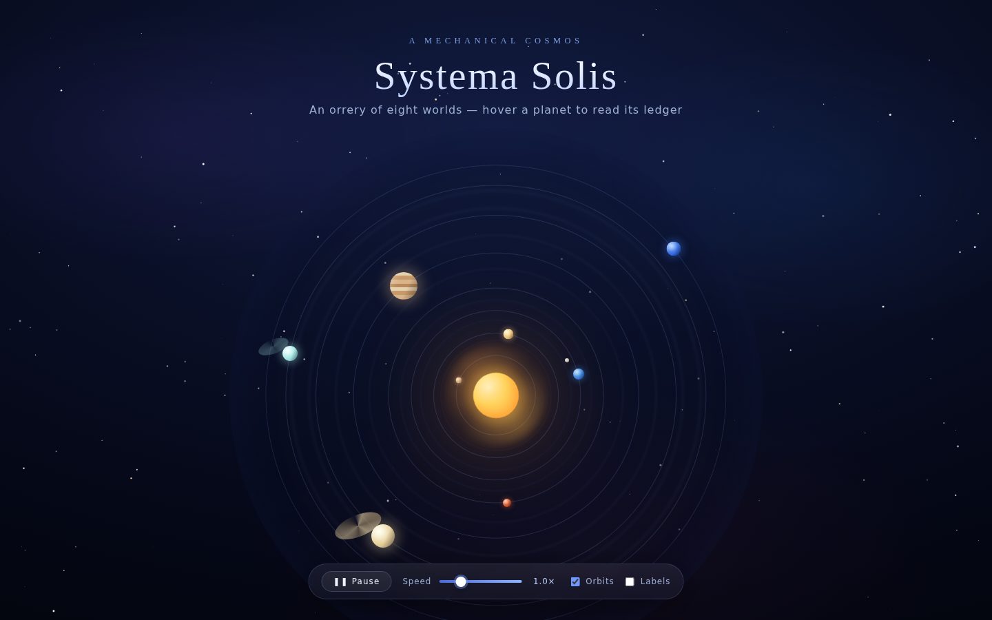 Systema Solis — a brass-and-nebula orrery where every world keeps its own time. screenshot