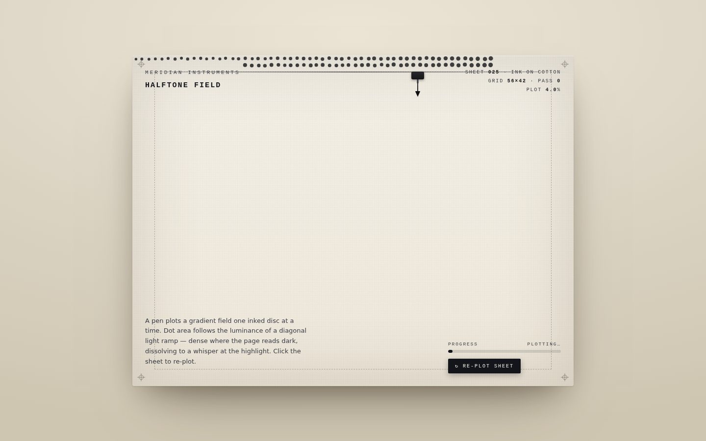 Meridian · Halftone Field — an animated ink plotter that draws a luminance gradient one dot at a time. screenshot