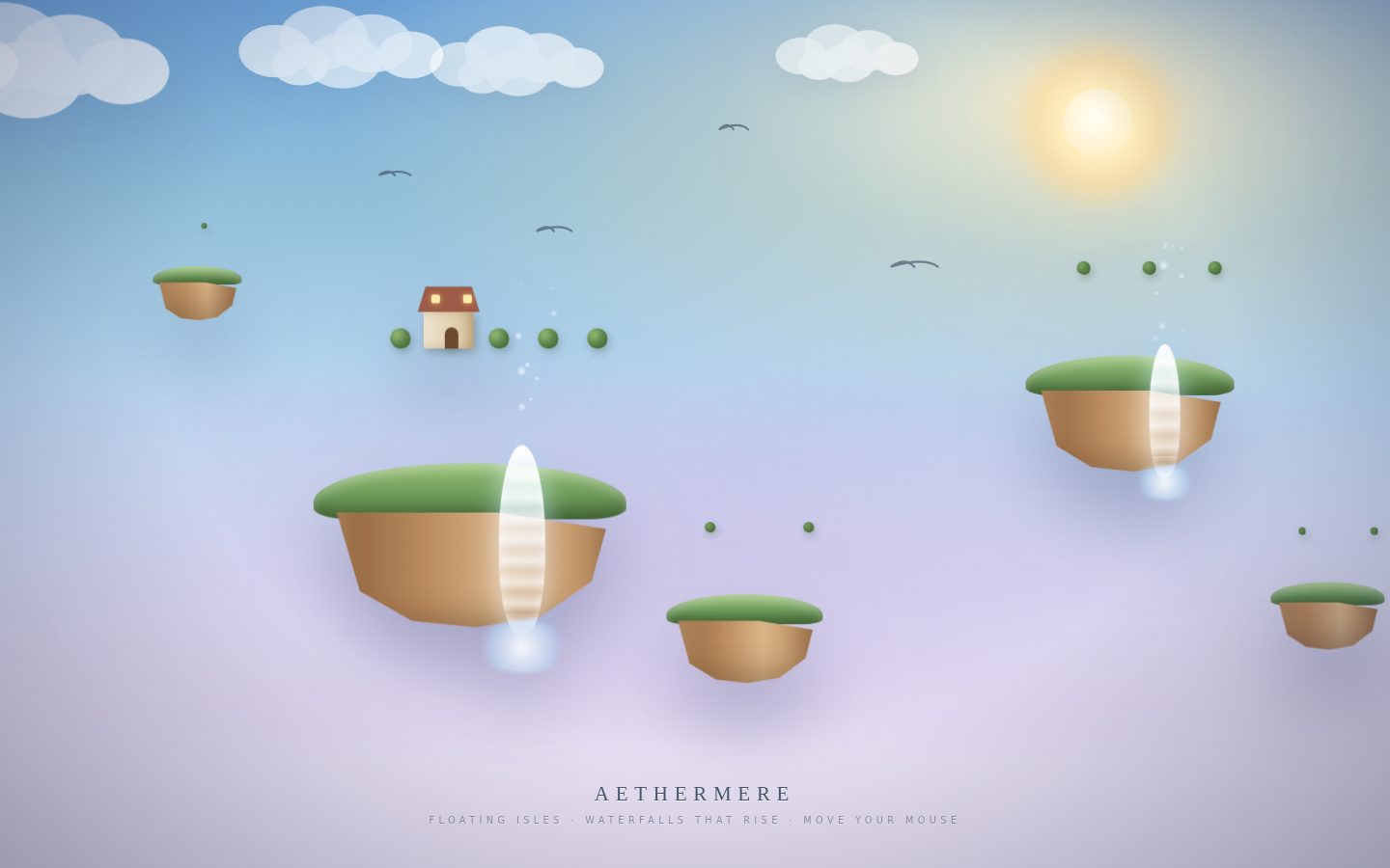 Aethermere — a sky-bound archipelago where waterfalls run back to the clouds. screenshot