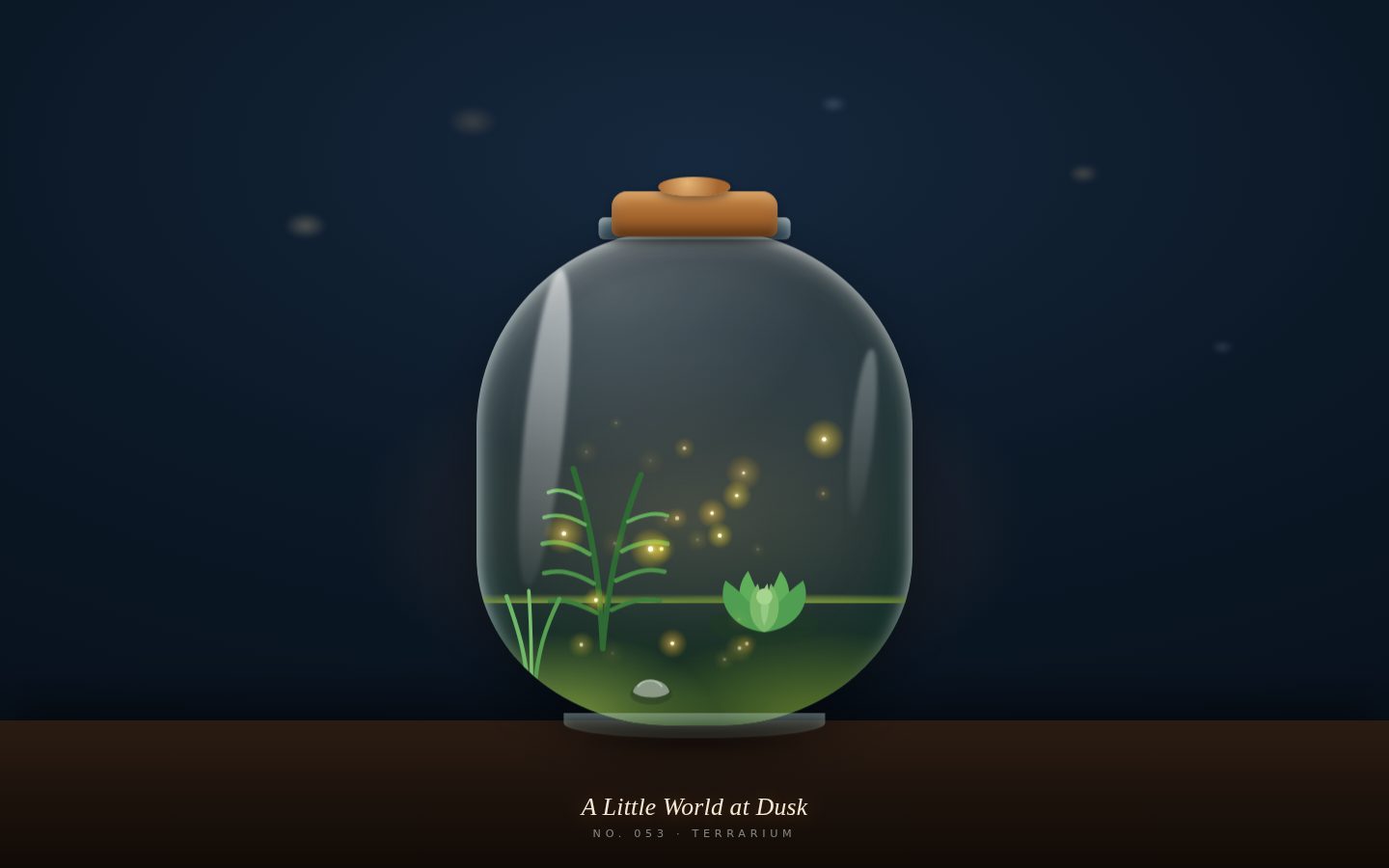 "Terrarium at Dusk" — a warm glass jar garden with wandering fireflies. screenshot