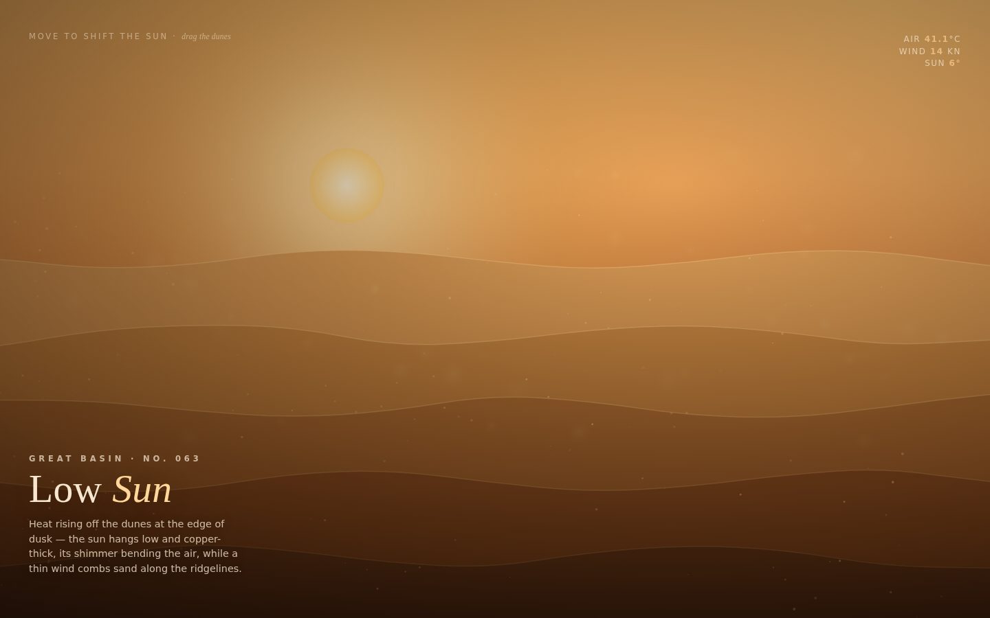 DUNE No. 063 — "Low Sun" (Desert dunes at dusk with heat haze, drifting sand and a low copper sun) screenshot