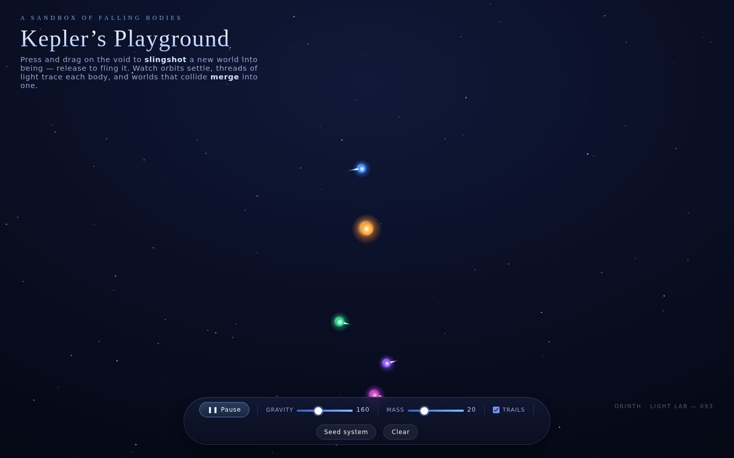 Kepler's Playground — an N-body gravity sandbox screenshot
